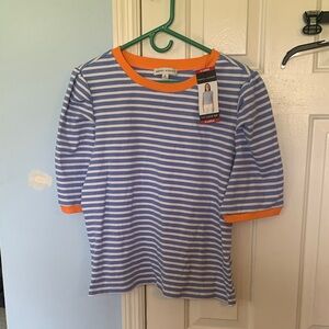 Rebecca Minkoff Blue & White Striped Tee with Orange Trim